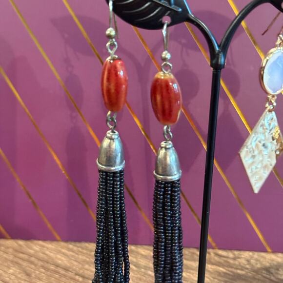 Chico’s Boho Beaded Tassel Earrings & Gold Hammered Dangle Earrings Set - Picture 2 of 3